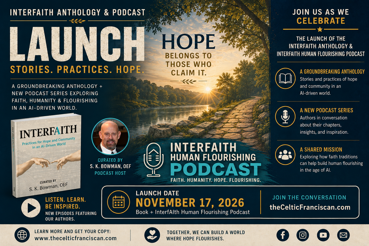 InterfAIth anthology and Human Flourishing Podcast launch artwork featuring the message Hope Belongs to Those Who Claim It